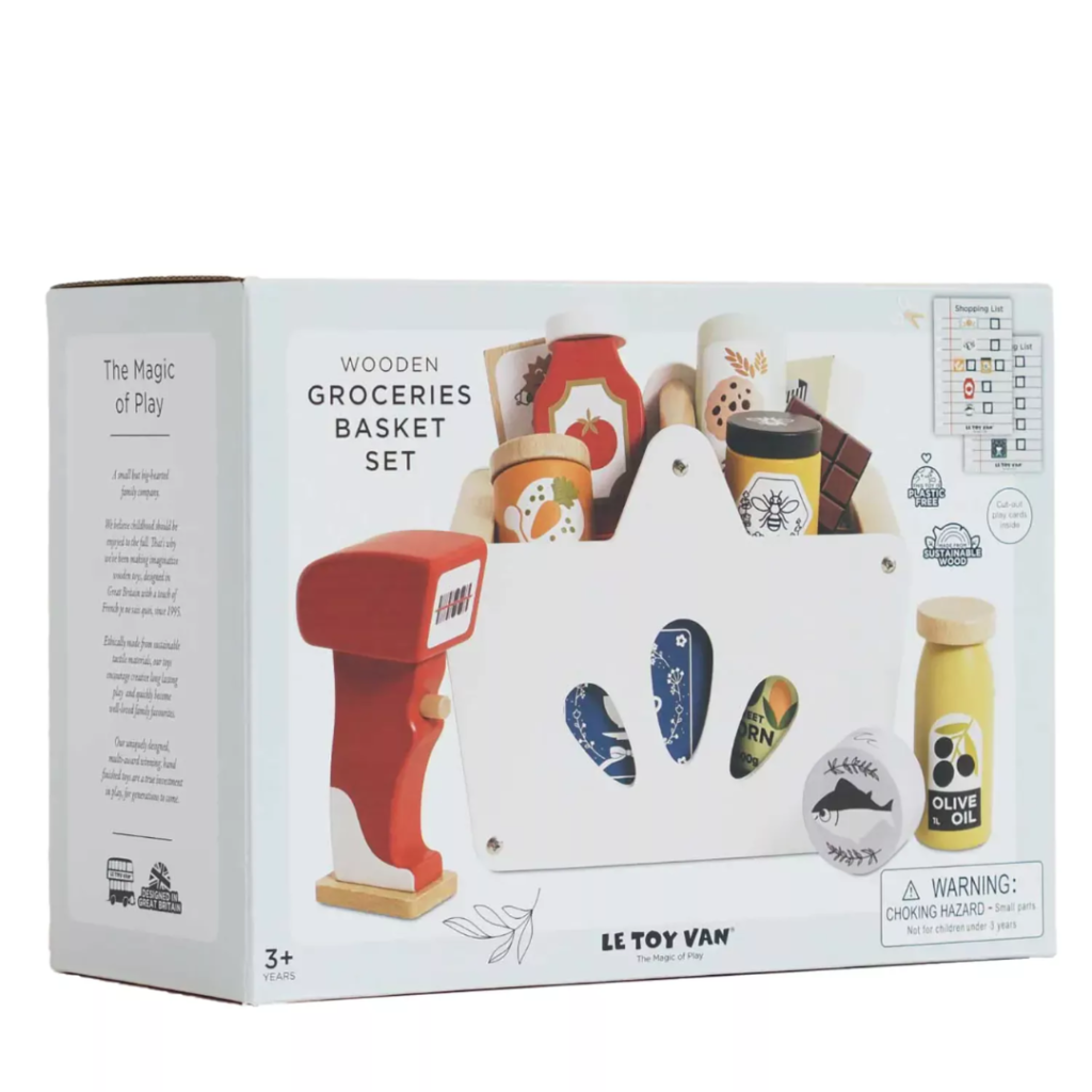 Product information "Groceries Set & Scanner" Spark hours of imaginative play with this beautifully designed wooden grocery playset. It includes a sturdy wooden basket filled with 12 solid wood grocery items and a playful barcode scanner, perfect for pretend shopping adventures. Each item is made from FSC™-certified wood and features charming, colorful illustrations to engage young minds. The set includes familiar favorites like butter, honey, cookies, cereal, ketchup, olive oil, spaghetti, chocolate, tea, a jar of sweet corn and carrots, and a can of tuna. Each piece is perfectly sized for small hands and encourages hands-on learning. Ideal for role play, counting, and building vocabulary, this set helps children develop fine motor skills, early math concepts, and social interaction through creative storytelling and play. A wonderful addition to any toy kitchen or play store setup! Specifications Suitable for ages 3 years+ Dimensions: Shopping Basket – W:19 x D:13.1 x H:15.3cm Made of FSC®-certified wood Decorated using water based, non-toxic paints