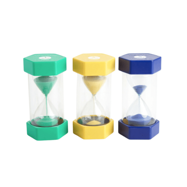 Timeglas, blå, gul og grøn