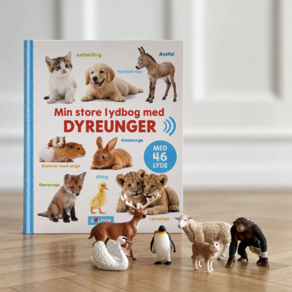 6 Schleich dyr og Billedbog med lyd. dyreunger