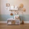 a room with a bench and shelves and objects on the wall. cam cam Harlequin Hylde med knager, FSC Mix - Hvid