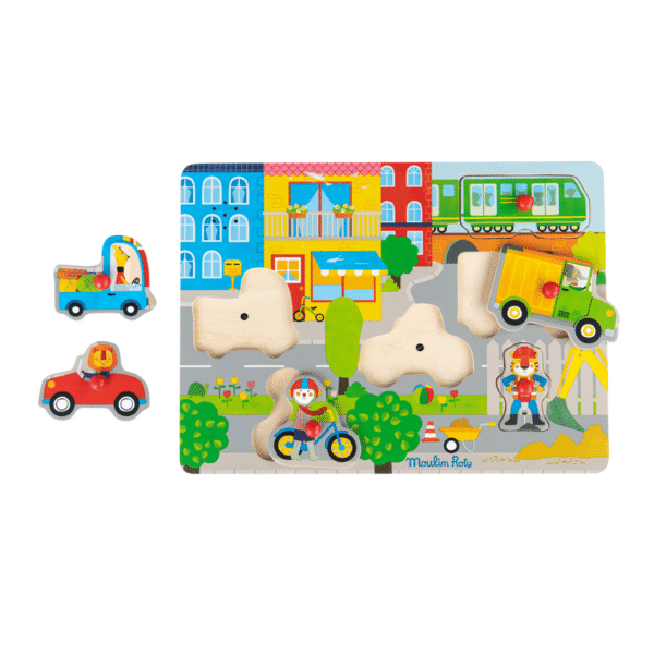 Moulin Roty 661379 Knoppuslespil med lyd 6 brk - Byen - Les Popipop
