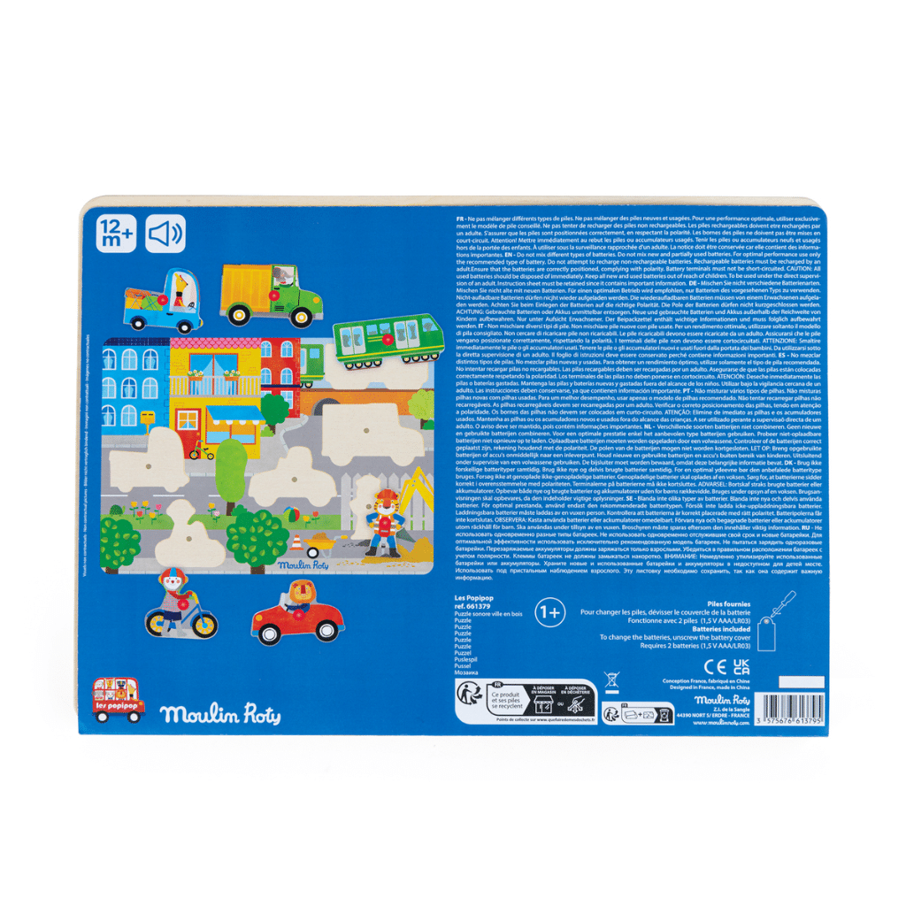 Moulin Roty 661379 Knoppuslespil med lyd 6 brk - Byen - Les Popipop