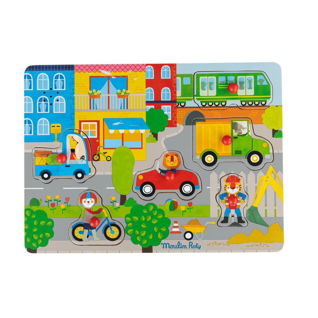Moulin Roty 661379 Knoppuslespil med lyd 6 brk - Byen - Les Popipop
