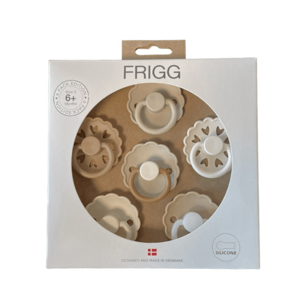 FRIGG 6-Pack Pacifiers - Round Silicone - Cinnamon Charm - Size 2 Article number: 101868 Barcode number: 5715239029405
