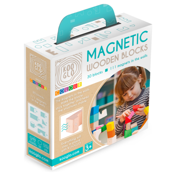 Kooglo Mini Color med 30 farverige magnetiske træklodser. Perfekt til børn fra 2 år, der vil bygge stabilt og kreativt. CE-godkendt, produceret i EU.