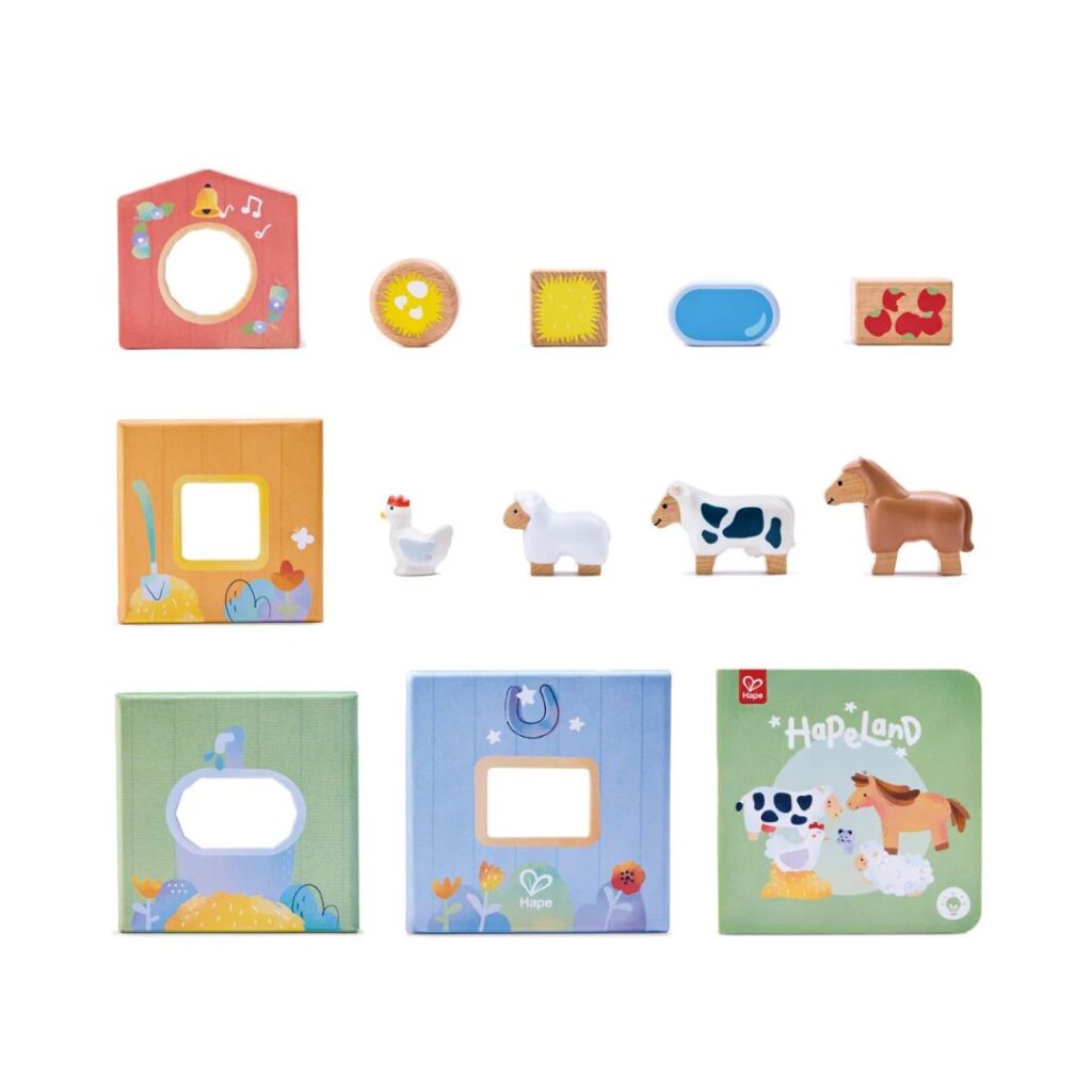 Hape legetøj - stableleg med bog og figurer - The Happy Stables