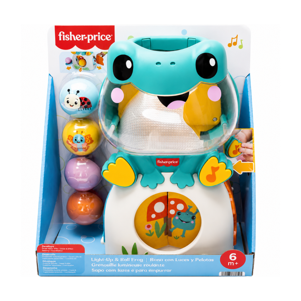 Interaktiv Fisher-Price frø med lys, musik og 4 bolde. Barnet slipper boldene ned og finder dem igen. Stimulerer motorik og læring fra 6 måneder.