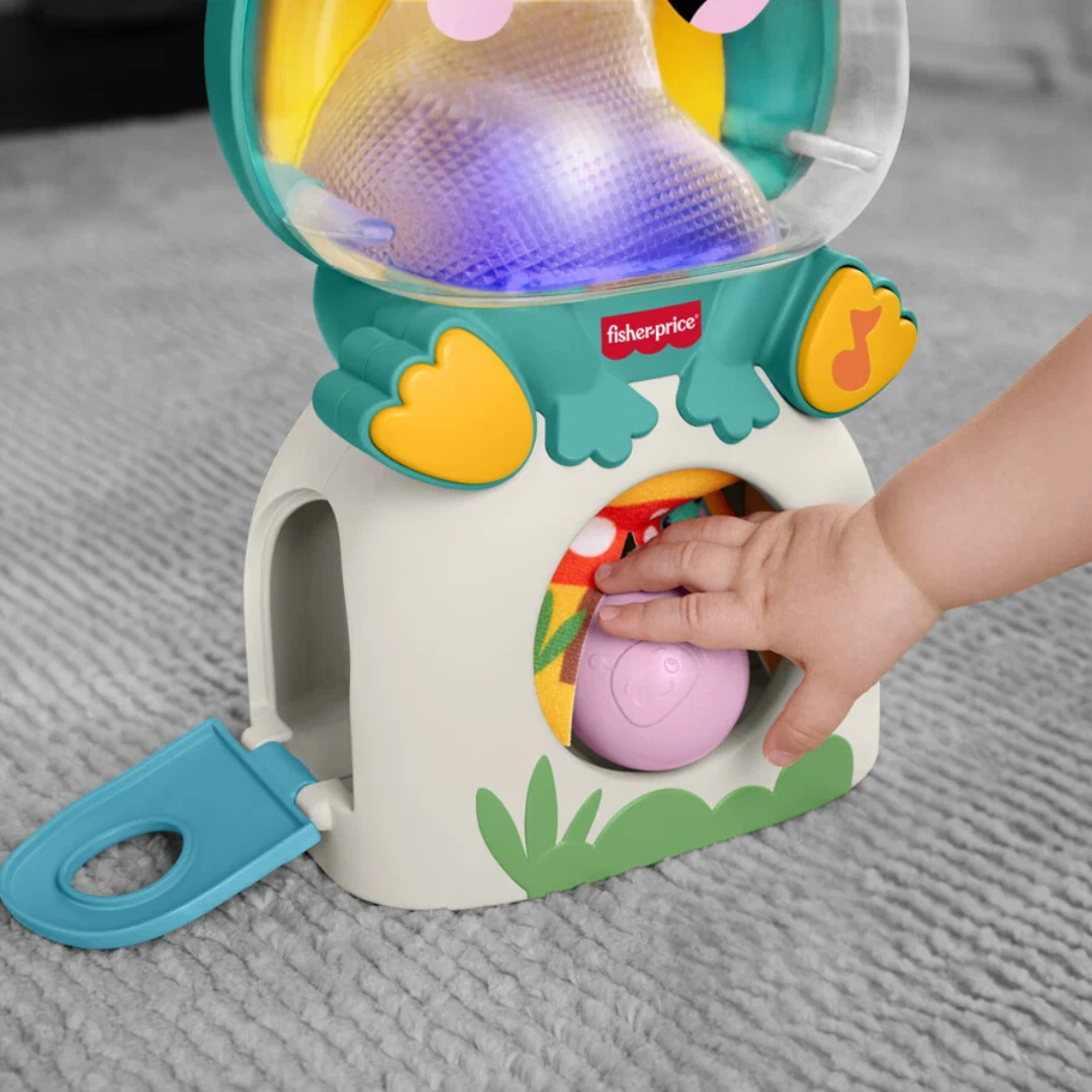 Interaktiv Fisher-Price frø med lys, musik og 4 bolde. Barnet slipper boldene ned og finder dem igen. Stimulerer motorik og læring fra 6 måneder.