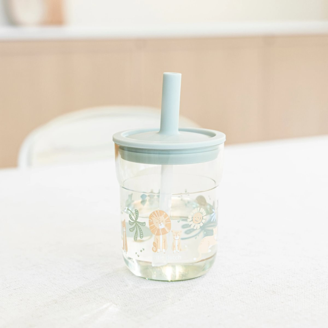 Little Dutch - Børneglas 250 ml med sugerør - Safari Friends