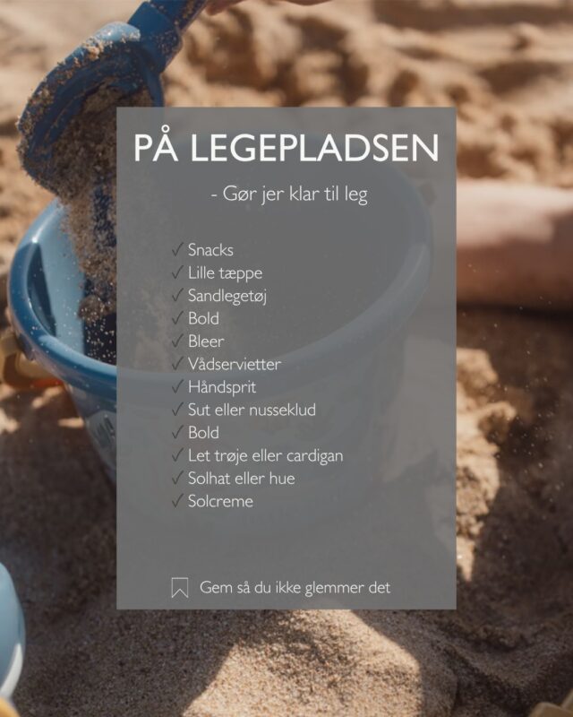 Der er næsten altid én ting, man først kommer i tanke om, når man står på legepladsen🛝

Derfor har vi samlet en lille huskeliste med de ting, som ofte gør turen lidt nemmere – uanset om I bliver hængende i en halv time eller hele formiddagen🤍

Gem opslaget, så du har det ved hånden næste gang, tasken skal pakkes.

Mangler der noget på listen, som altid ligger i din taske? Del det gerne i kommentarfeltet – måske kan du inspirere en anden forælder🌿