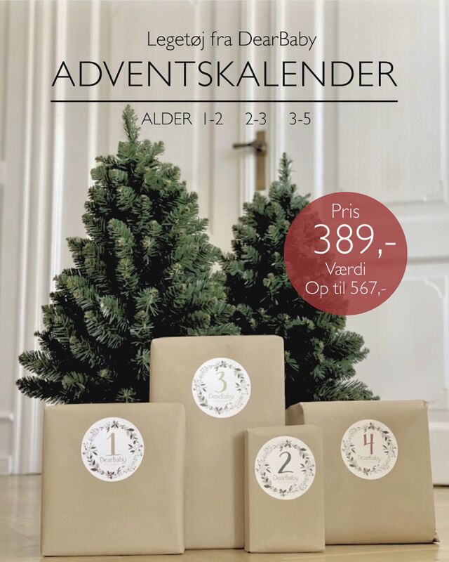 Fire søndage. Fire pakker. Masser af juleglæde ✨🎄

Små hænder, der pakker op. Papir, der knitrer. Og
hyggelige øjeblikke sammen, mens I tæller ned til jul ❤

DearBabys adventskalendere byder på fire indpakkede
gaver – én til hver søndag i advent 🎁

Vælg mellem tre aldersvarianter:
🌿 1–2 år · samlet værdi 567 kr.
✨ 2–3 år · samlet værdi 508 kr.
🍒 3–5 år · samlet værdi 558 kr.
Pris 389 kr.

Find kalenderen til dit barns alder, og lad en hyggelig
juletradition begynde✨